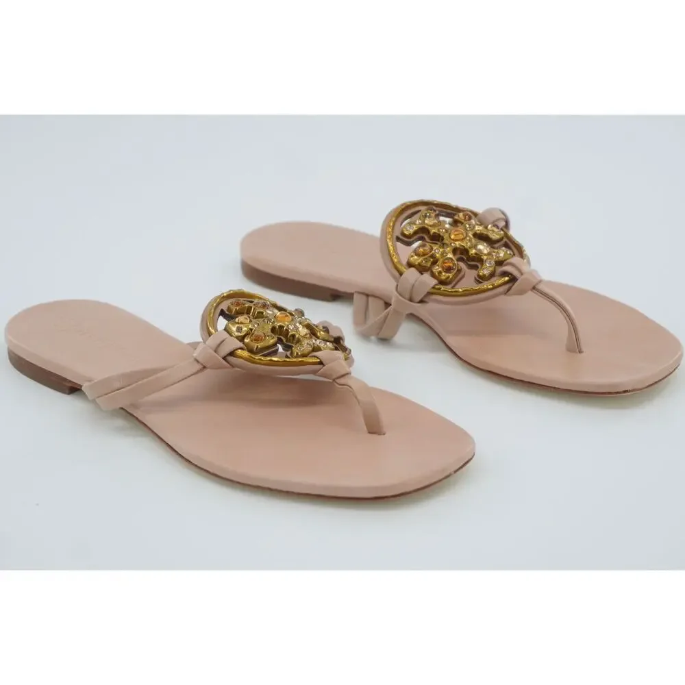 Tory Burch Jeweled Miller Leather Thong Sandal SZ 7 Logo Meadowsweet $298 New
